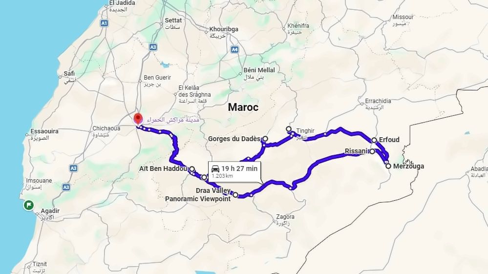 Map of the Marrakech to Merzouga desert tour route
