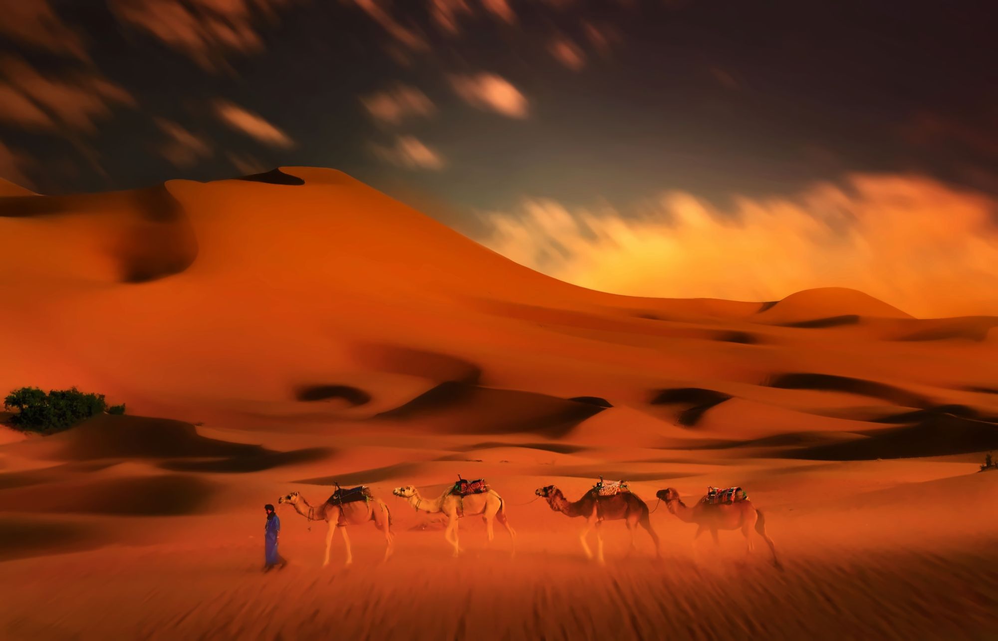 A line of camels and riders silhouetted on a dune ridge at sunset in Erg Chebbi