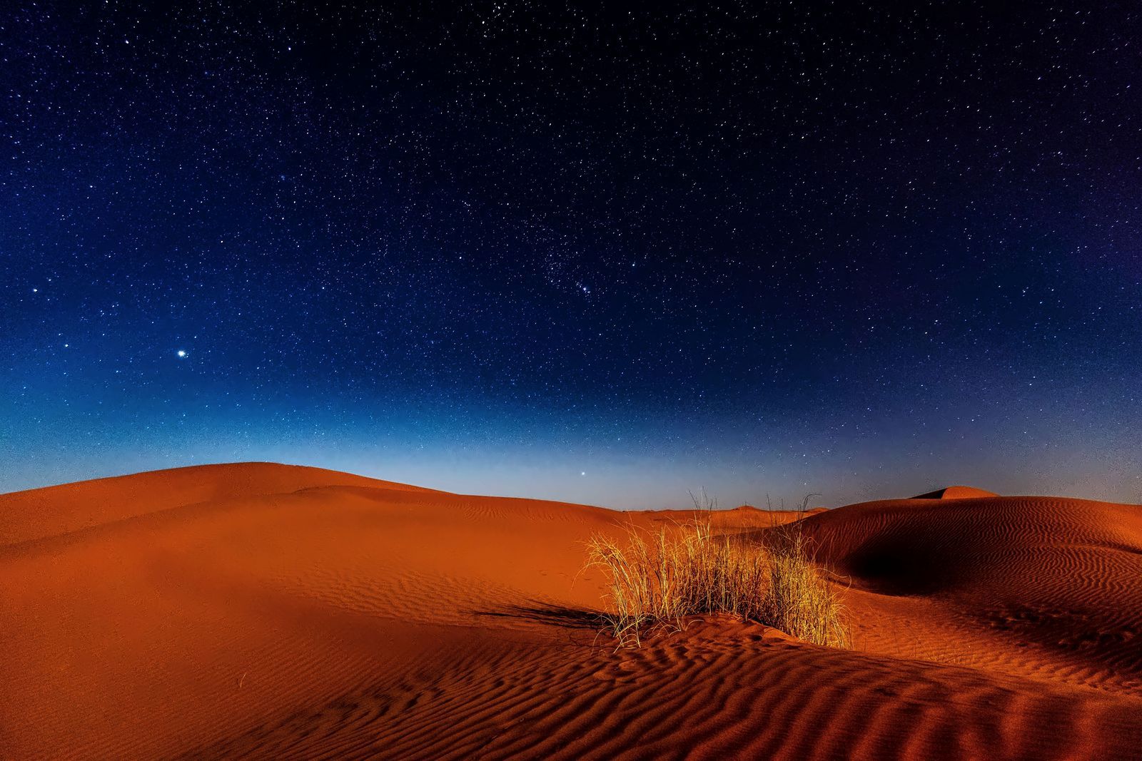 The Milky Way arcing over the Sahara dunes on a clear night at Erg Chebbi