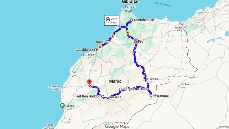 Grand Morocco Tour driving route map: Casablanca, Chefchaouen, Fes, Merzouga, Ouarzazate, Marrakech
