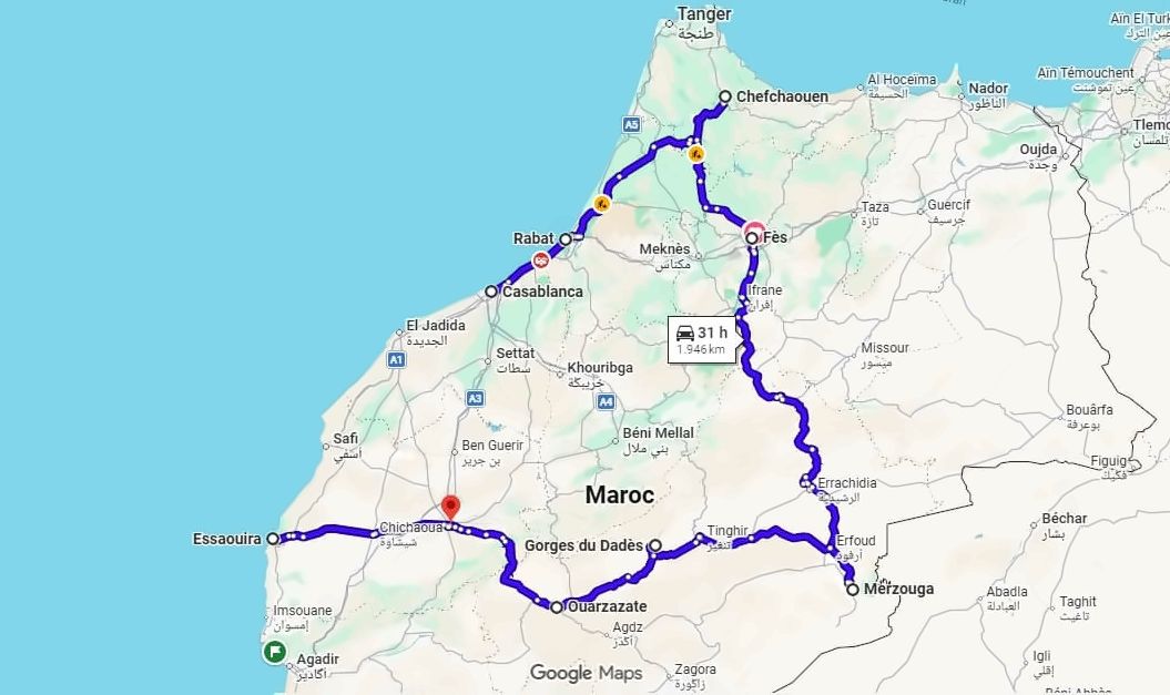 12-Day Morocco Tour driving route map: Casablanca, Rabat, Chefchaouen, Fes, Merzouga, Dades Valley, Ouarzazate, Marrakech, Essaouira